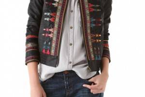 Free People Seamed & Embroidered Jacket in Vegan Leather