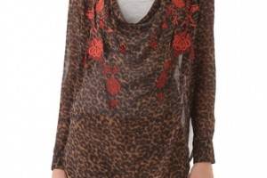 Haute Hippie Cowl Blouse with Floral Threadwork