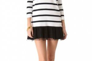 RED Valentino Striped Sweater Dress with Chantilly Lace