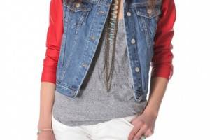 Washborn Faux Leather Sleeve Denim Jacket