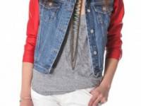 Washborn Faux Leather Sleeve Denim Jacket