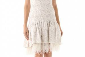 Badgley Mischka Collection Drop Waist Lace & Ostrich Feather Dress