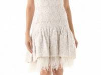 Badgley Mischka Collection Drop Waist Lace &amp; Ostrich Feather Dress