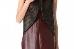 J. Mendel Strip Leather Vest with Fur Collar