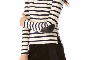 Joseph Boat Neck Stripe Top with Leather Elbows