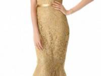 Reem Acra Metallic Lace Strapless Gown
